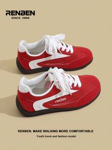RENBEN 1 par de zapatillas de estilo retro con cordones y parches para mujer, con suela gruesa, casual, deportiva, de suela blanda, diseño de nicho de moda, adecuada para primavera/otoño