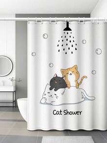 1pc Cartoon Cat Shower Curtain With Flower-Printed Showerheads Design,Waterproof And Mildew Resistant Used As Bathroom Partition Or Bathtub Shelter Home Bathroom Decor Fall Decor Bathroom Accessories Back To School