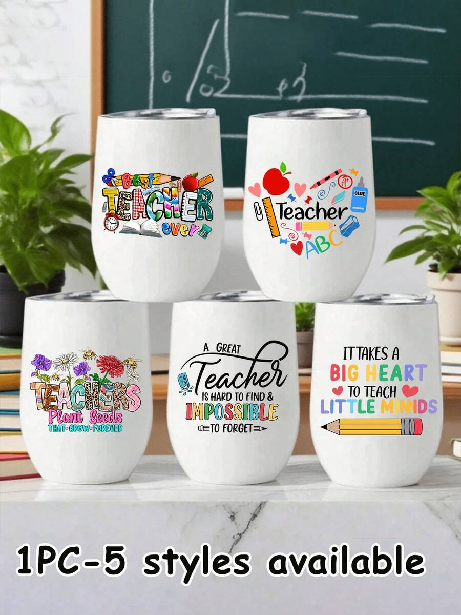 Teacher Appreciation Gift:Stainless Steel 12oz With "Teacher" Print Egg-Shaped Insulated Travel Mug With Lid,Portable Travel Cup,Cold-Retaining Coffee Cup,Eggshell Water Cup,Vacuum Insulated Wine Glasses, All-Season Drinkware - White - View 1