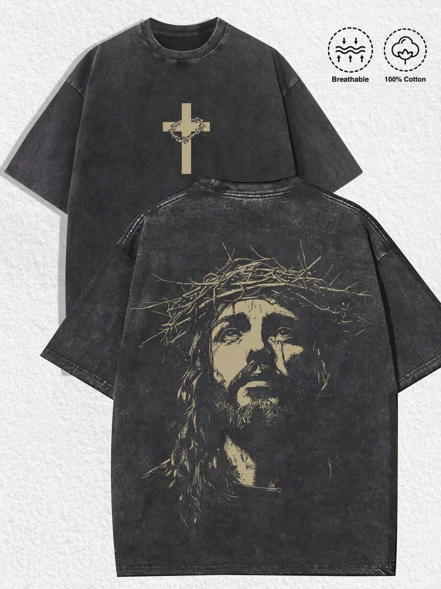 1 PCS Religious "Jesus With Crown Of Thorns" Graphic Tee: Featuring Distressed Vintage Finish, Front Cross Print Adorned With Crown Of Thorns, Back Artistic Portrait Of Jesus Wearing Crown Of Thorns, Crafted From Breathable 100% Cotton, Perfect For Infusing Spiritual & Nostalgic Vibes Into Outfits During Easter Celebrations, Church Events, Or Daily Wear Men's Round Neck Printed Short Sleeve Casual Everyday T-Shirt, They Are Excellent Gifts For Friends And Family, 100% Cotton T-Shirts Feature, A Youthful And Fashionable Design, Graphic Tees Men, Graphic Tees Women, Cachorro Feliz, Back To School - 黑色 - 查看 1