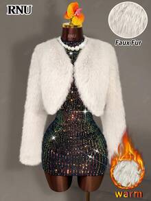 RNU 杏色卡其色优雅迷人性感复古奢华通勤浪漫长袖婚礼宾客生日情人节商务休闲晚宴约会正式办公室着装老钱风格带衬里V领春夏秋冬开襟短外套2026新款百搭柔软亲肤短款蓬松人造毛皮外套冬季保暖羽绒服新年 - 杏色 - 查看 5