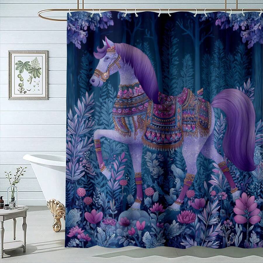1Pc 71x71 Inches, 12 Hooks Included, Decorated Horse In Forest Shower Curtain - Magical And Floral Animal Art Print, Polyester Fabric, Perfect For Horse Lovers And Those Who Want A Enchanting Bathroom Decor | Enchanting, Floral | Polyester Curtain, Shower Curtains For Bathroom, Bathroom Decor | Magical, Animal - Themed Style - Màu tím 1216 - Xem 1