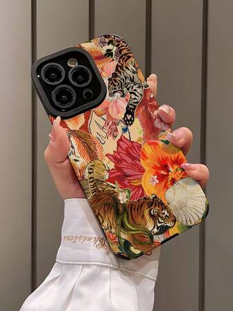 1 pieza Funda de teléfono de alta gama de piel sintética a prueba de caídas, antihuellas y a prueba de golpes, con diseño retro de tigre, flores y rayas verticales, compatible con Apple y otros modelos