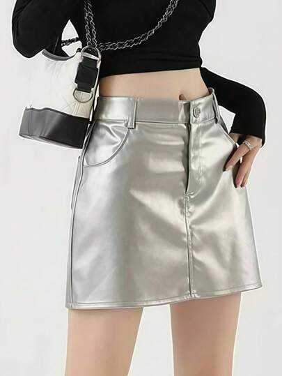 Silber sexy PU-Leder Mini-Rock, figurbetonter Rock für Frauen