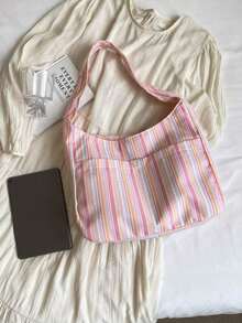 Large Capacity Women Cloth Tote Bag, Shoulder Bag, Casual Stripe Fabric Handbag , Pink - Hồng - Xem 5