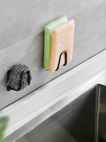 1 pieza/2 piezas Soporte para esponja montado en la pared sin taladro de acero inoxidable con ganchos duales y bolsa OPP - Adhesivo resistente/Organizador montable con tornillos (tornillos incluidos) para cocina, baño, fregadero - Almacenamiento de esponjas y herramientas que ahorra espacio, resistente a la oxidación, fácil instalación, diseño moderno, superficie resistente a los arañazos - Ideal para espacios pequeños