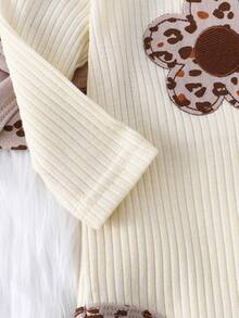 DILAVEL 3件套新生儿秋冬长袖连体衣套装，刺绣花卉图案，豹纹印花，圆领设计，适合户外穿着 - 米色 - 查看 8
