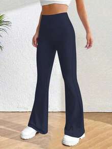 PETITE Solid High Rise Flared Straight Leg Pants - Navy Blue - View 4