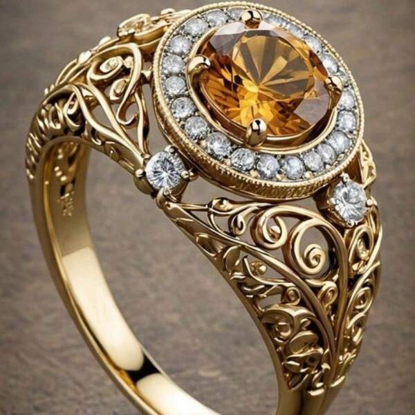 Bague de fiançailles élégante et luxueuse plaquée or 14 carats pour femmes, avec un zirconium cubique synthétique étincelant, un design lisse et détaillé. Convient comme cadeau pour les fêtes, la Saint-Valentin et diverses occasions