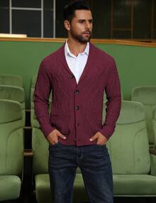 URRU Mens Shawl Collar Cardigan Sweater Casual Slim Fit Button Down Cable Long Sleeve Knitted Sweater With Pockets - Burgundy - View 2