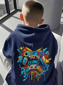 1pc Tween Boy Casual Printed Pullover Sweatshirt, Thermal Lined, Long Sleeve, Autumn/Winter - Navy Blue - View 2