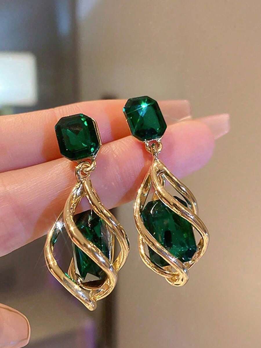 2pcs Geometric Green Gemstone & Diamond Drop Earrings For Women Perfect Gift For Women