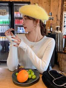 White Hollow Out Ruffle Trim Knit Sweater For Women, Slim Fit Layering Top, Autumn/Winter