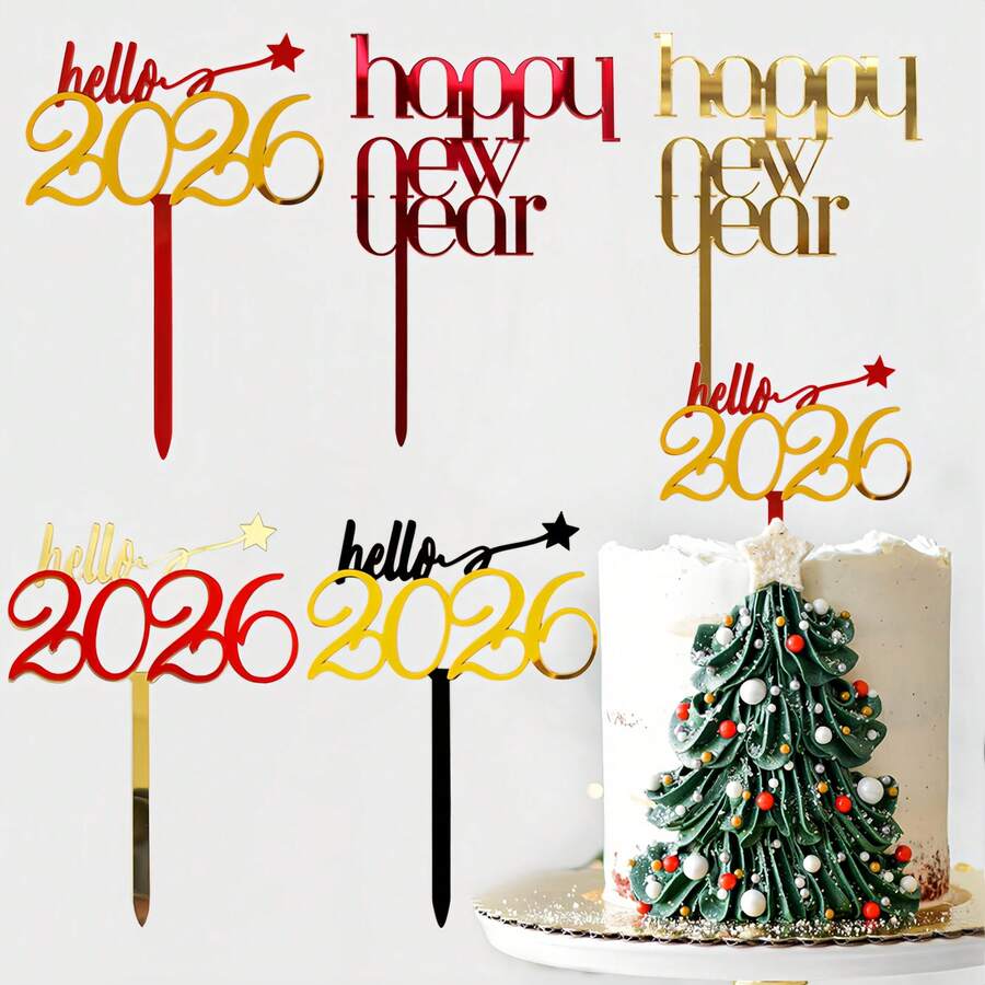 1个/3个新年快乐 Hello 2026 亚克力蛋糕装饰插牌,适用于圣诞节新年派对DIY蛋糕装饰用品 - 彩色 - 查看 1