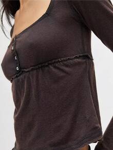 Womens Long Sleeve Shirts Crop Tops Fall Fashion Button Down Square Neck Going Out Basics Tees Y2k Clothes - Dark Brown - View 3