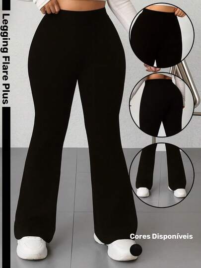 Calça Legging Flare Plus Size Feminina Tecido Grosso Resistente Caimento Perfeito Cintura Alta Confortável Preta