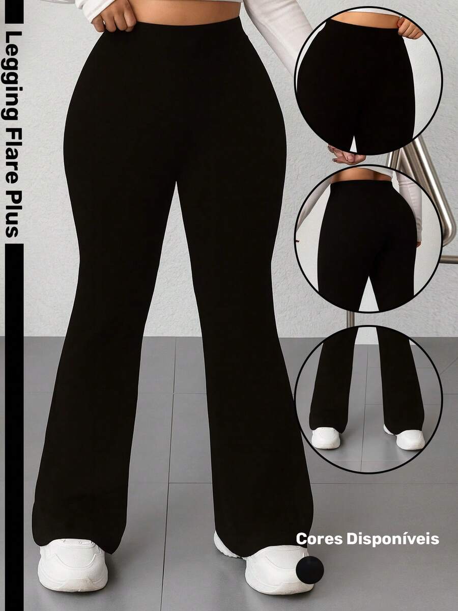 Women's Plus Size Flare Leggings, Thick, Durable Fabric, Perfect Fit, High Waist, Comfortable, Black - 黑色 - 查看 1
