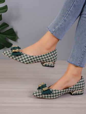 Zapatos planos con punta puntiaguda y lazo, estilo pata de gallo verde, de moda para mujeres en primavera y otoño
