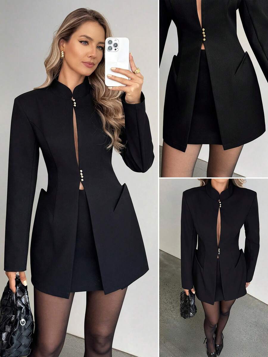 Doriss Hofstil Stehkragen Ausschnitt Gold Schnalle Taille Anzugjacke, Kendall Stil, einfarbig, Herbstmode Damen, Rückkehr zur Schule, Ausgehen Oberteile Damen, Weiße Party Veranstaltung, Old Money Stil, Hofstil, Silvester Outfit