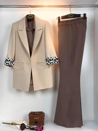 女士优雅两件套西装，秋季单扣豹纹袖口西装外套，侧拉链裤