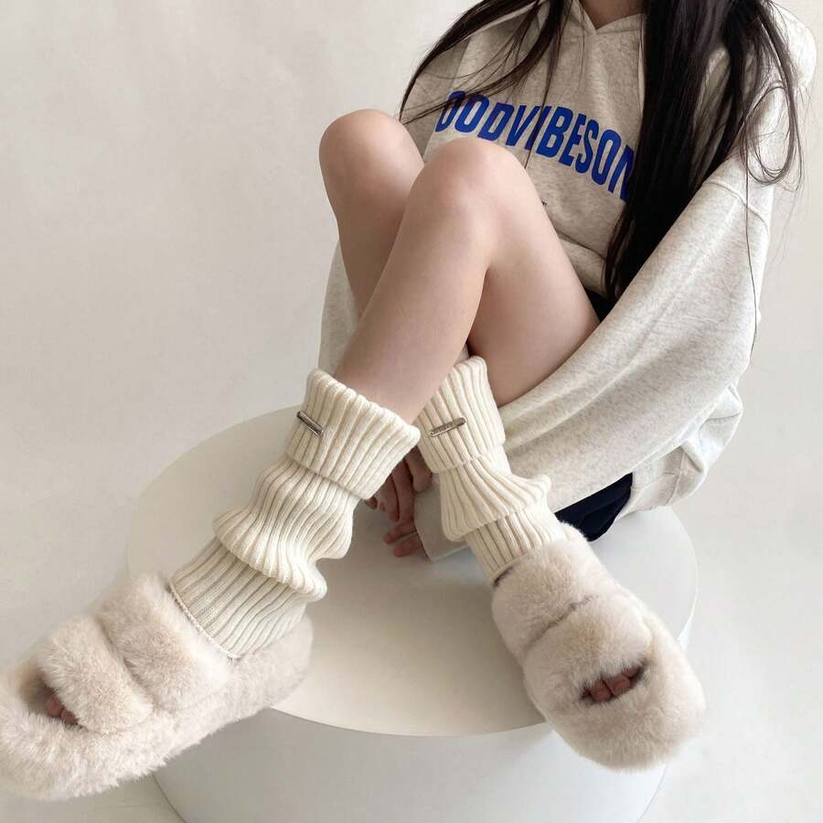 Wearing Fashionable Items, Versatile Leg Covers, Autumn And Winter Sock Covers, Women's Pile Socks, Solid Color Calf Socks, Spring And Autumn Simple Socks - Dấu hiệu kim loại Khaki - Xem 1
