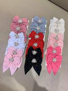 6 件随机彩色纯色华夫格纹理蝴蝶结水钻发夹，甜美女孩公主发饰，适合日常佩戴和派对 - 彩色 - 查看 8