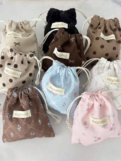 1个灯芯绒花朵/蝴蝶结抽绳袋，可爱多功能收纳袋，适用于化妆品、旅行、居家使用，便携式化妆包，护肤品、珠宝、口红、润唇膏、指甲油、发夹、钱包、卫生巾等，邮轮旅行必备，宿舍必备，生日礼物，伴娘礼物，母亲节礼物，教师节礼物，情人节礼物