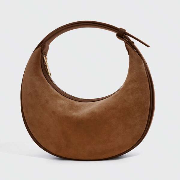 1pc Adjustable Strap Crescent-Shaped Suede Shoulder Bag, Crossbody Bag, Casual & Work Tote For Women
