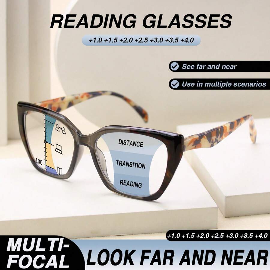 1pc Large Frame Progressive Multifocal Cat Eye Reading Glasses, Bestselling Leopard Print Design, With Comfortable Spring Hinges, Suitable For Men And Women Daily Wear - Gray Leopard Print - View 1
