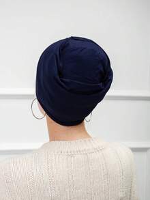 1pc Women's Pleated Elastic Turban Cap, Breathable Comfortable Stretchy Sweatband Headwrap, Versatile For Daily, Sports, Yoga, Fitness And Fashion Styling - Navy Blue - View 4