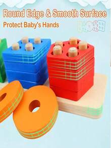 5pcs Wooden Geometric Shape Stacking Blocks, Multicolor Shape & Color Matching Cognitive Number Stacking Toys, Early Educational Montessori Learning Toys For Children - Multicolor - View 5