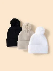 Set de 3 gorros de punto de unicolor estilo Y2K para niños/niños pequeños, gorros de invierno versátiles y casuales adecuados para el uso diario - Multicolor - Ver 5