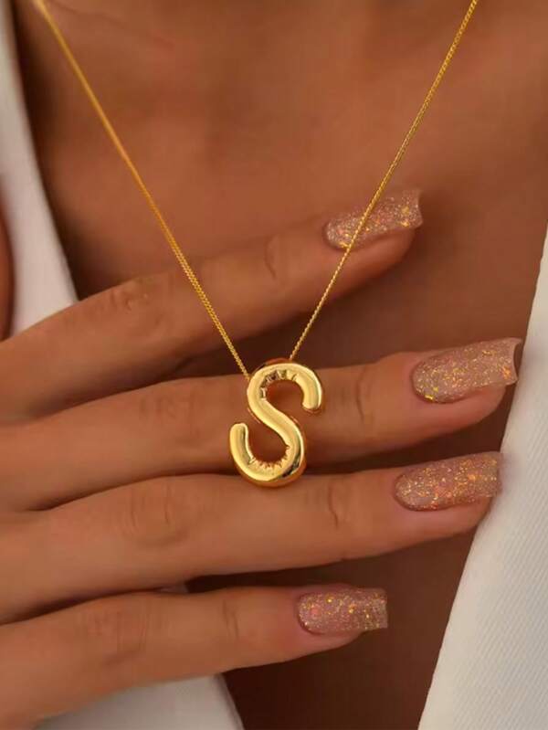 1 pezzo Collana con lettera iniziale da A a Z, carattere spesso e a bolle, per donna, colore oro, in acciaio inossidabile con catena cubana, gioiello da matrimonio, regalo di Natale