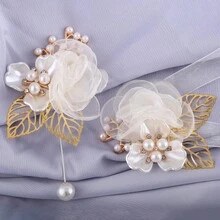 2 piezas Conjunto de Corsage de Muñeca + Broche, Mujer Elegante Organza Rosa Dorado Hoja Falsa Rosa Corsage de Muñeca y Broche, Novia Novio Dama de Honor Padrino Decoración de Boda, Fiesta Baile Accesorios