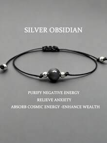 1 szt. Bransoletka energetyczna | Pojedyncza srebrna bransoletka obsydianowa, regulowana bransoletka, eliminuje negatywną energię, łagodzi lęk, prezent dla mężczyzn, prezent dla kobiet - Czarne - Zobacz 1