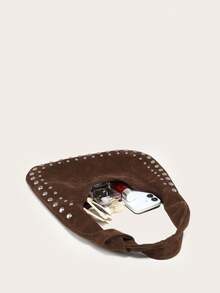 Women's Crescent-Shaped Shoulder Bag, Solid Color, Rivet Decor, Vintage Large Capacity, Multi-Functional Commuter Style, Shoulder/Underarm Crossbody Bag, Outdoor - Brown - View 4