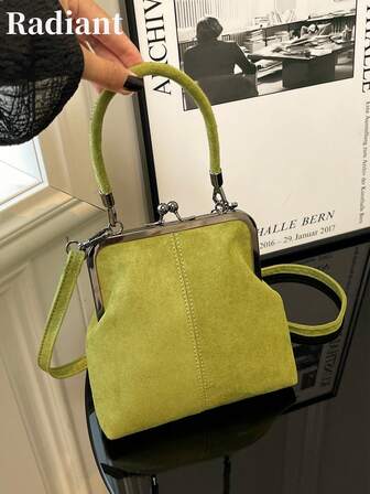 1pc Retro Faux Leather Crossbody Bag, Women's Vintage Style Kiss Lock Mini Handbag With Adjustable Strap, Solid Color Lightweight City Tote Bag, Polyester Lining, Unisex