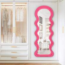 Full Length Mirror, 63" X 24" Floor Mirror, Irregular Wavy Mirror, Full Length Wall Mirror, Standing Flannel Wrapped Wooden Frame For Bedroom, Cloakroom (White) - 粉色 - 查看 6