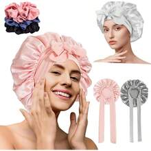 Gorro de Pelo Rizado de Satn, 2 Piezas Gorro de Dormir de Seda Ajustable, Viene con 2 PCS Diademas de Satn, Gorro De Dormir Suave Satinado Reutilizable y Cmodo con Banda Elstica Ancha Negro y rosa - Rosa y Plata - Ver 2