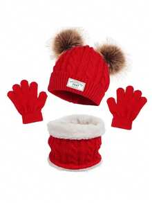 3pcs/Set Kids Warm Knitted Beanie Hat, Scarf And Gloves Set, Fashionable And Cold-Proof, Autumn/Winter - Double Ball 1947 - View 13