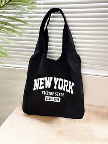 黑色时尚“纽约”字母印花帆布手提包，配有简约肩带，附赠小型化妆包，女士便携购物袋，是送给纽约女士的理想礼物，女士手提包，休闲百搭包，经典设计，结实耐用的手柄，时尚爱好者的必备单品，旅行配件，轻便百搭包，是送给家人、朋友、爱人或同学的完美礼物，尤其适合感恩节。 - 彩色 - 查看 5