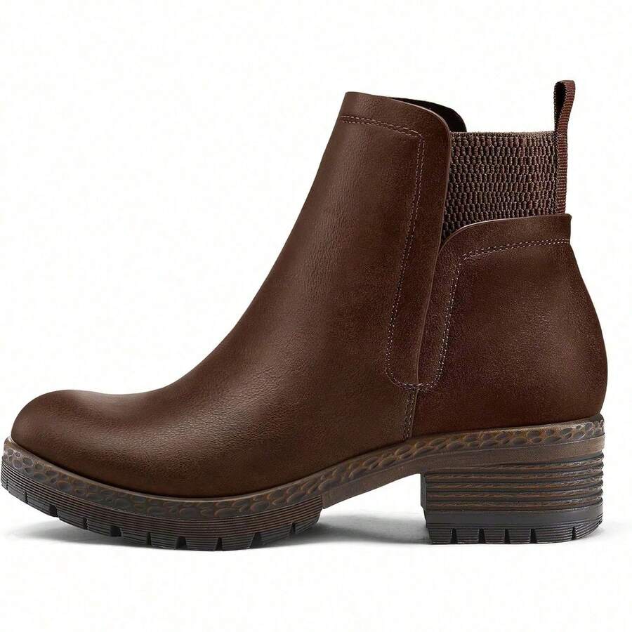 Women's Chunky Heel Chelsea Boots – Elastic Gore Slip-On Ankle Booties With Lug Sole, Comfortable Platform Shoes For Fall Winter, Office & Casual Wear - 棕色浦 - 查看 1