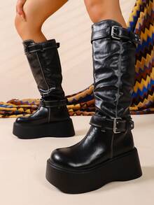 Bottes mi-mollet à boucle rayée noire, enfiler d'1 pièce seul tenant, semelle épaisse à bout rond, style casual, mode festival de musique de rue, polyvalentes, nouvelles bottes pour femmes