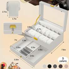 Ogrmar 12 Slot PU Leather Lockable Watch Storage Boxes, Men & Women Jewelry Display Drawer, 2-Tier Organizer Watch Showcase With Glass Lid (White) - Pink - View 11