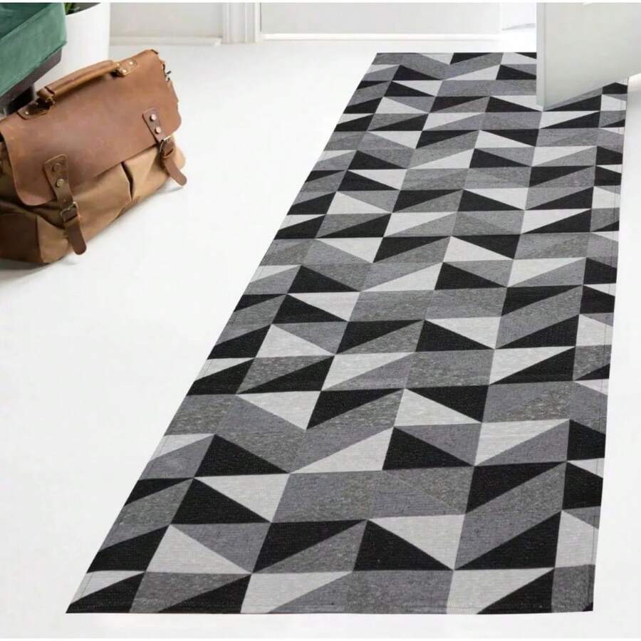 Rubberized Jacquard Runner Rug 2.00x0.65 Geometric For Bedroom, Living Room, Office Or Kitchen, Non-Slip Promotion - 黑色 - 查看 1