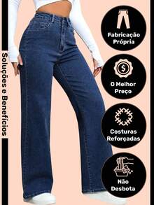 Wide Leg Jeans, Women's High Waist, Premium Fabric, Comfortable, Dark Blue - Dark Wash - View 2
