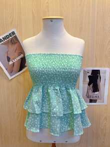 Cropped Top With Strapless Ruffled Print - الماء الأخضر - مشاهدة 1