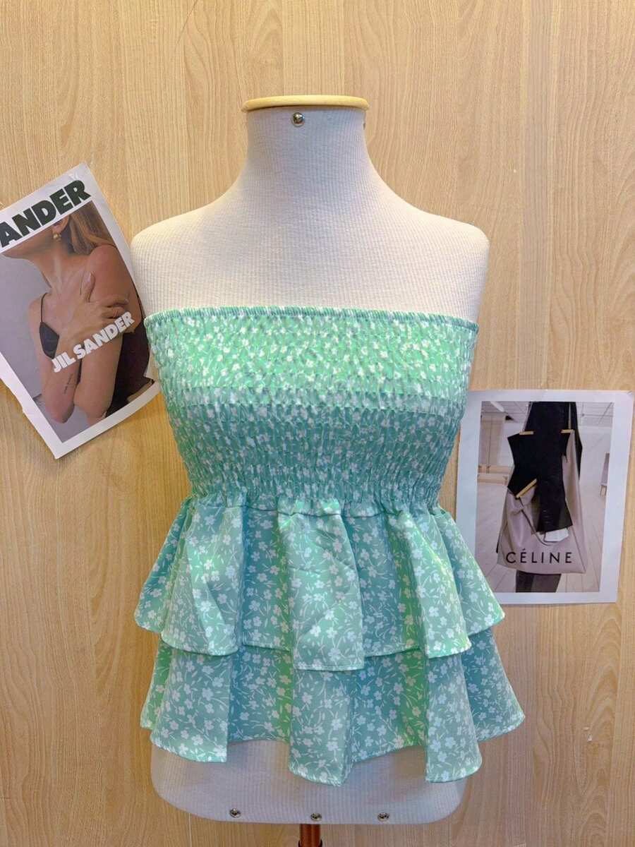 Cropped Top With Strapless Ruffled Print - الماء الأخضر - مشاهدة 1