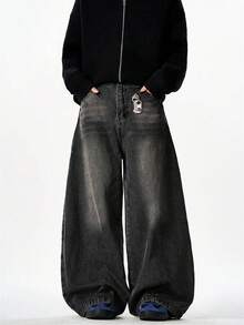 1pc Justice Brother Vintage Washed Loose Fit Wide Leg Jeans, Fashionable & Versatile American Style - Black - View 1