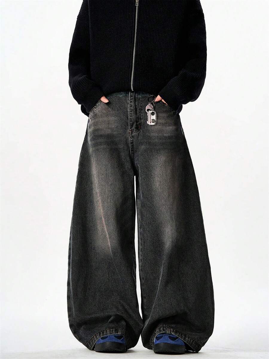1pc Justice Brother Vintage Washed Loose Fit Wide Leg Jeans, Fashionable & Versatile American Style - Black - View 1